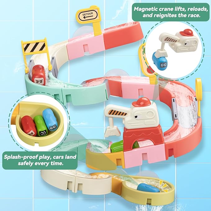 Car Slide Bath Toys for Kids Ages 4-8, Wall Track Building Set for 3-5 Year Old, Fun DIY Kit Bathtub Time Birthday Gift for Toddler Boys & Girls (37 PCS)