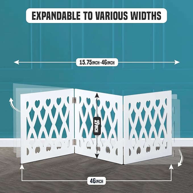 Bundaloo Freestanding Dog Gate Expandable Decorative Wooden Fence for Small to Medium Pet Dogs, Barrier for Stairs, Doorways, & Hallways (Hearts N' Diamonds)