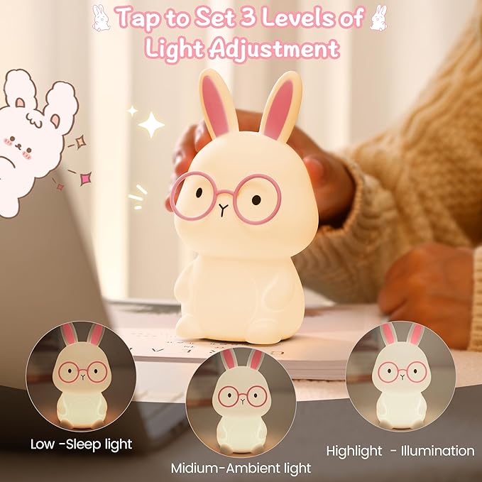 Bunny Night Light, Rabbit Lamp for Kids, Rechargeable LED Nightlight for Easter Gift,Silicone Bedside Lamp with Touch Color Changing,3 Levels Dimmable/Timmer Nursery Bedroom Light,Room Decor