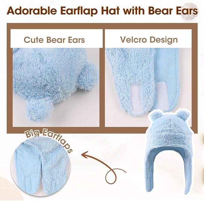 Bear Baby Winter Hat Toddler Earflap Beanie Unisex Infant Snow Cap Warm Fleece Kids Trapper Hats for Girls Boys 0-36M