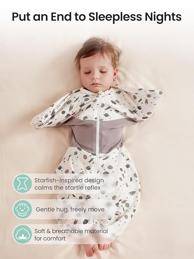 GROWNSY Transitional Swaddle Sleep Sack 3-6 Months, Starfish Design Baby Swaddle Sack, Dual-Zipper for Easy Diaper Changes, Proper Hip Development & Openable Foot Button, 12-20lbs, Space Tourism