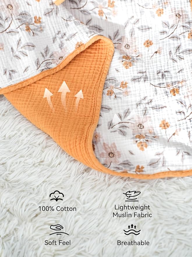 TILLYOU Muslin Baby Blankets for Girls Boys, Cotton Baby Blankets, Soft Breathable and Lightweight 40"X40", Yellow Flower