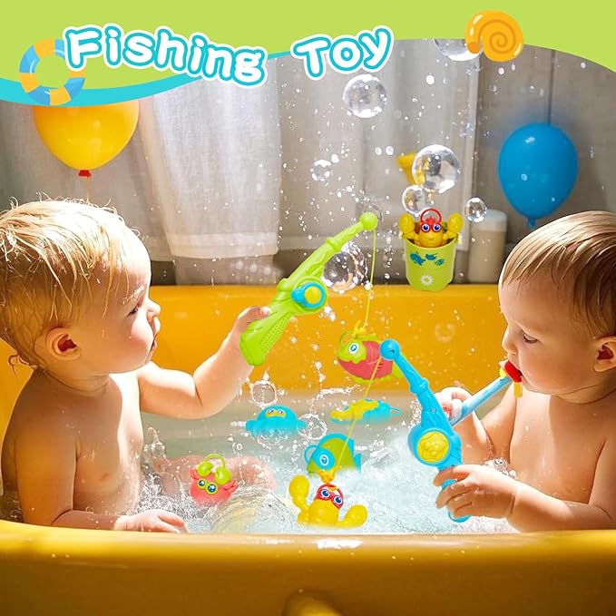 Toddler Bath Toys for Babies, 26 Pcs Mold Free Bathtub Toys with Fishing Rod Floating Boats Spoons Bucket No Hole Sea Animals and Storage Bag, Water Table Pool Toys for Toddlers and Kids