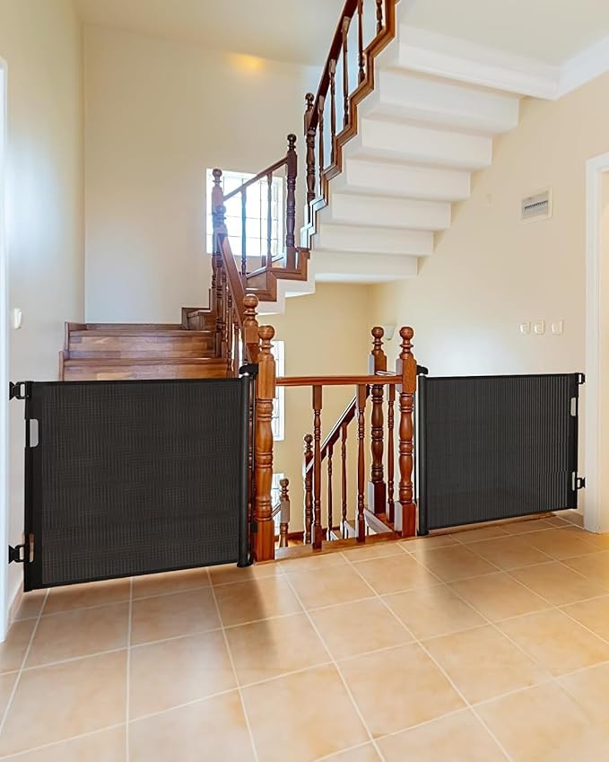 (2 Pack) Retractable Baby Gate for Doorways and Stairs, Mesh Safety Gate for Pet, Indoor & Outdoor Use, One-Hand Operation, Easy Installation, 33.6" Tall, Expands to 55" Wide（Black,33.6"x55"