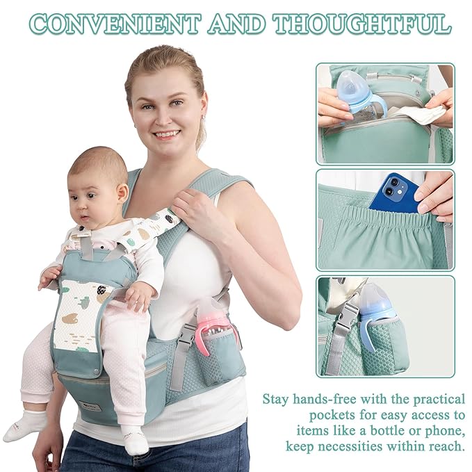 Baby Carrier with Hip Seat for Newborn to Toddler, 6-in-1 Ergonomic Infant Carrier for 0-36 Month Baby, All Positions Soft Breathable Mesh Wrap Carrier with Waist Stool, Baby Holder-Green Print