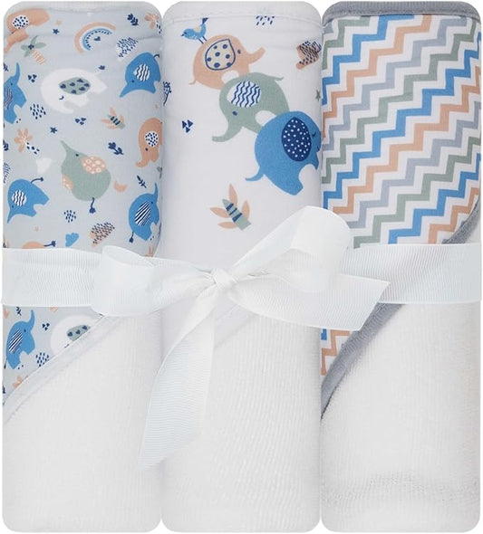 Hooded Baby Towels 3-Pack – Soft Baby Bath Towels with Hood for Newborns & Toddlers, Baby Hooded Towel Set, 30" x 26" (Little Trunks)