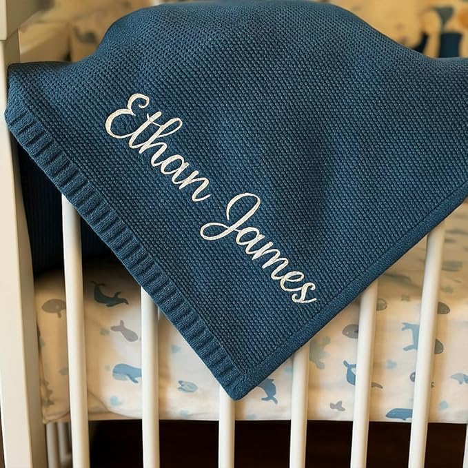 Personalized Baby Knit Blanket Custom Embroidered Cotton Blanket for Newborns, Nursery Essentials, Stroller Cover, Holiday, Thoughtful Keepsake for New Parents.
