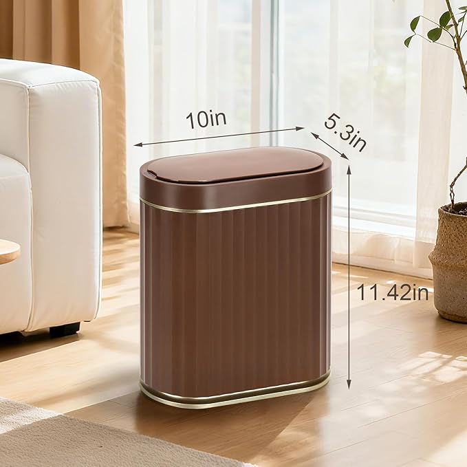ELPHECO Bathroom Motion Sensor Trash can 2 Gallon Automatic Garbage Can, Slim Plastic Smart Trash Can with Lid, Commercial Intelligent Trash Bin for Bedroom, Bathroom, Office, Brown