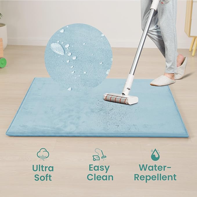 Baby Play Mat for Floor,1.3" Thick Elasti-Foam 50"×74" Playpen Mat for Tummy Time,Water Repellent Soft Coral Velvet for Toddler,Infant,Kids,Non-Slip Backing Safe for Crawling(Light Blue)