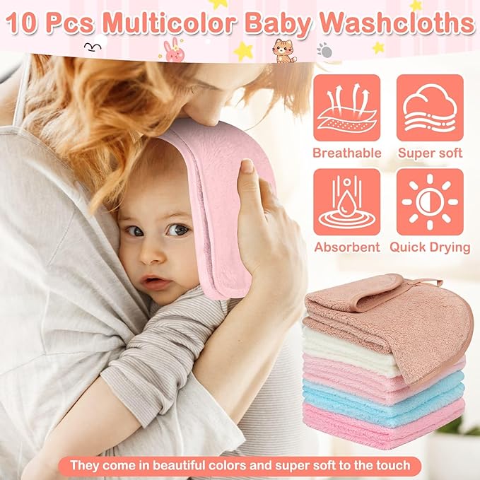 15 Pack Hooded Baby Towels, 5 Packs Soft Baby Bath Towels with Hood for Babies, 10 Packs Baby Washcloths for Newborns, Toddlers, and Kids- Absorbent, Baby Stuff Shower as Best Gifts for Boys and Girls