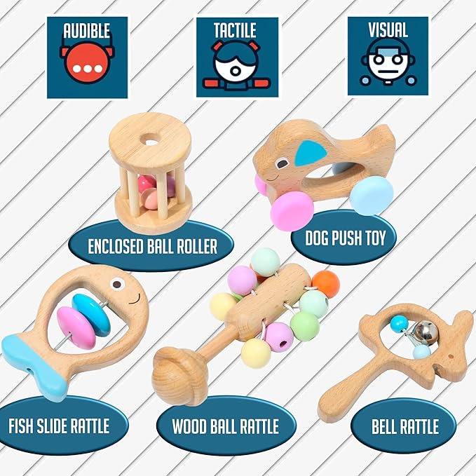 Montessori Mama Wooden Toys for Babies 5-Piece Collection - Multi-Sensory Learning Rattle for Babies - Infant Wooden Toy Set Baby Weights Toys - Teether