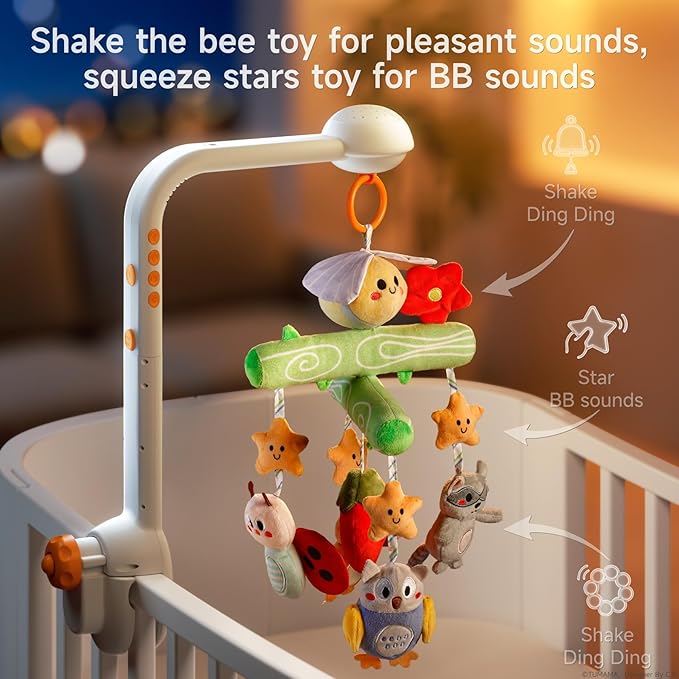 TUMAMA Crib Mobile with Music and Lights, Baby Mobile Cute Bee Crib Toys Hanging, Remote Control Nursery Mobiles for Bassinet, Rotation, Starlight Projection and Lullabies for Babies
