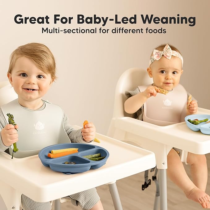 KeaBabies Suction Plates for Baby, Toddler - 3-Pack 100% Silicone Toddler Plates with Suction, Divided, BPA-Free Baby Led Weaning Essentials for Kids, Dishwasher, Microwave Safe, Durable (Alps)