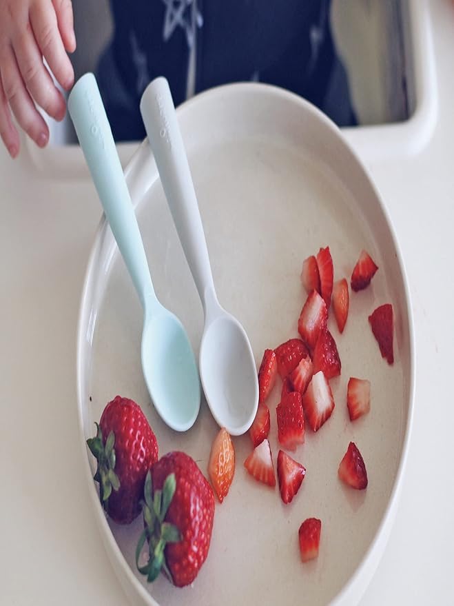 Miniware Silicone Baby Spoon for Training - BPA Free Baby Utensils - Baby Spoons Self Feeding 6 Months | 100% Food Grade Silicone - Modern & Dishwasher Safe Toddler Spoons (Grey and Aqua)