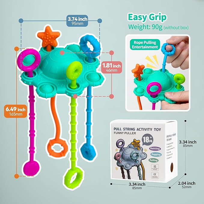 Montesorri-Toys - Montessori Pull String Toy - Made of 100% Food Grade Silicone with Built-in Rattle Function and Easy to Clean Design (Spearmint)