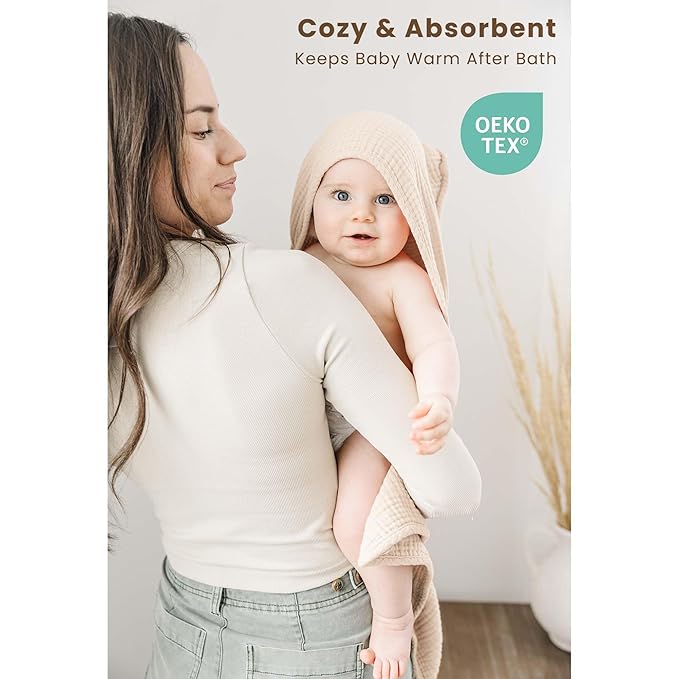 Konssy 2-Pack Muslin Hooded Baby Towels, 100% Cotton, Ultra-Soft & Absorbent Baby Bath Towels with Hood for Newborn & Infant (Cream, Blossom,32" x 32")