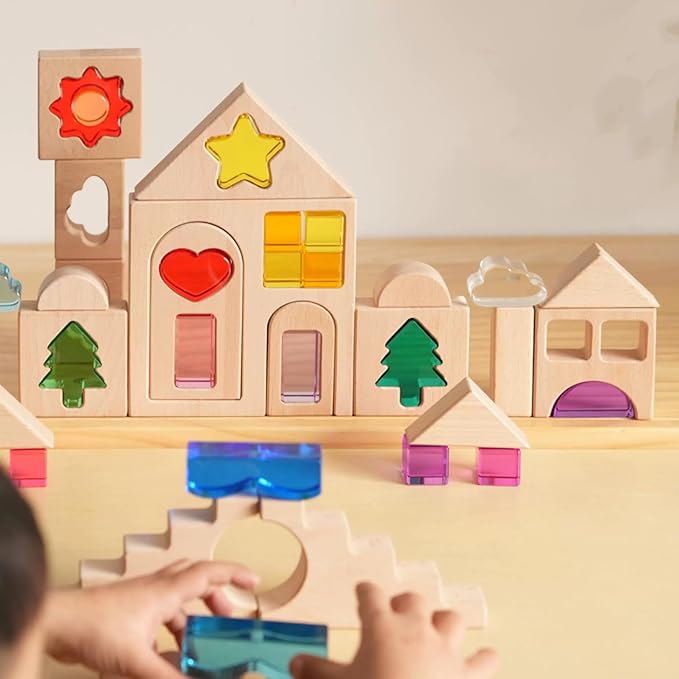 45PCS Wooden Acrylic Building Blocks Set with Tray, Include Colorful Acrylic Shapes Stars,Sun,Clouds, Trees, Heart, Educational Construction Toy for Kids (Farm House)