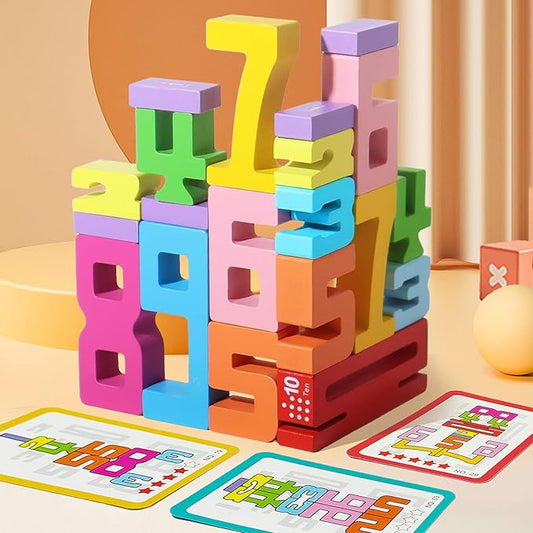Wooden Number Building Blocks -20PC,Digital Building Blocks,Stacking 1-10 Number BlocksToy for Kids,Balance Competition Game, Math Learning Educational Gift for 3+ Years Old Boys Girls