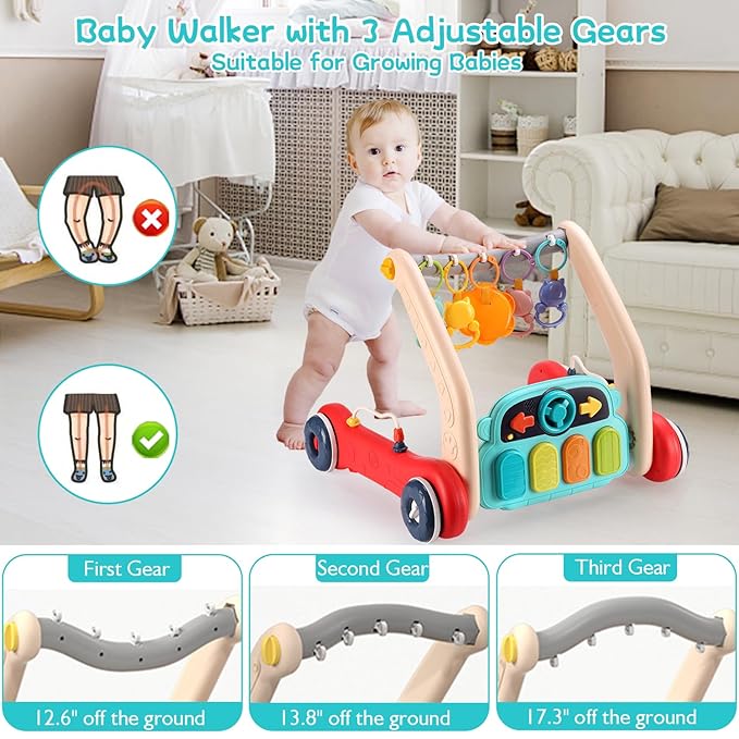 Baby Play Mat Gym, 2 in 1 Baby Walker Tummy Time Activity Mat with 5 Infant Sensory Toys, Music and Lights Floor Play Mat as Birthday Gift for 0-12 Months Boys Girls