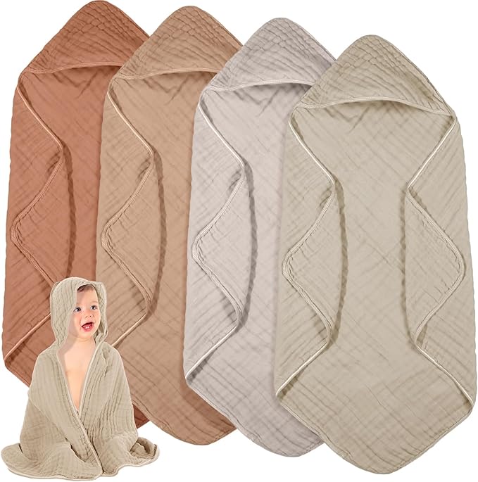 Peryiter 4 Pcs Muslin Hooded Baby Towels, 32"x 32" Cotton Newborn Bath Towel Muslin Infant Baby Blankets Absorbent Unisex Christmas Registry Gift Essentials for Girls Boys (Brown Series)