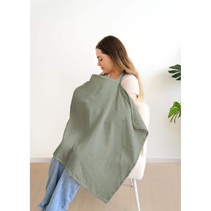 Muslin Nursing Covers for Breastfeeding, Privacy Breast Feeding Cover with Arch Neckline for Mom and Baby, Breathable 100% Cotton Nursing Apron Multi-use Stroller Cover