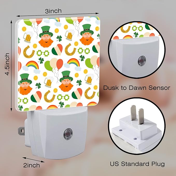 St. Patrick's Day Cute Pattern Night Light for Kids,Green Shamrock Leprechaun and Rainbow Night Light Plug in with Dusk to Dawn Sensor, 0.5w Energy Saving Sleep Friendly Nightlight for Kitchen Bedroom