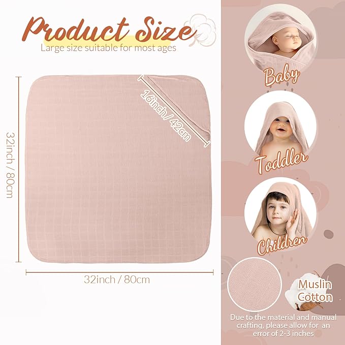 Preboun 6 Pcs Muslin Hooded Baby Towels and Washcloths 32"x 32" Cotton Newborn Bath Towel Anti-Shrink Infant Baby Blankets with Hood 12"x 12" Washcloths for Girl Boy Toddler(Blue,Light Purple)