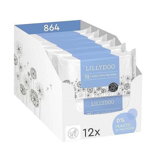 LILLYDOO Baby Wipes with 99% Water – Unscented, Hypoallergenic, Plant-Based, Strong & Plastic-Free, Compostable, 12 resealable Packs x 72 (864 Wipes Total)