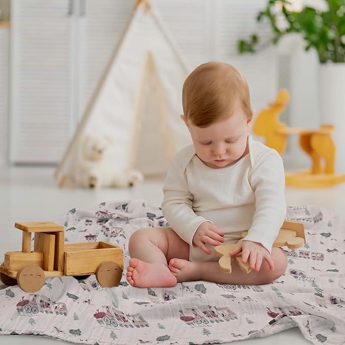 GLLQUEN BABY Receiving Blanket Boy Cotton Muslin Swaddle Blankets Girl Newborn Squares Breathable & Soft Thin Baby Blankets Cloths Double Absorbent Infant Swaddling Wrap - 6 Pack (Pine Tree & Train)