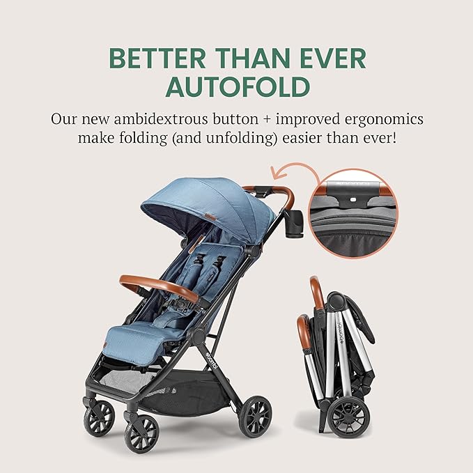 Bombi Bēbee V2 Lightweight Baby Stroller - Premium Vegan Leather, One-Hand Fold, Infinite Recline, Aircraft-Grade Aluminum Frame, XXL Canopy, and Ample Storage Umbrella Stroller - Storm Blue