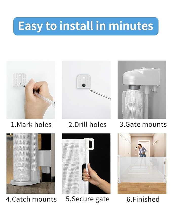 Retractable Baby Gate for Doorways and Stairs, Mesh Safety Gate for Pet, Indoor & Outdoor Use, One-Hand Operation, Easy Installation, 33.6" Tall, Expands to 71" Wide（White,33.6"x71"）