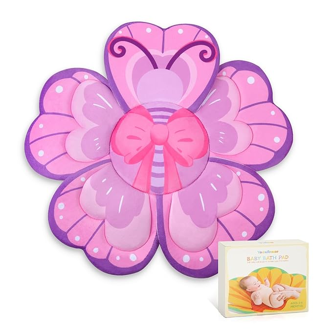 Pink Butterfly Baby Bath Pad - Soft Non-Slip Bathtub Mat for Newborns & Infants, Waterproof Bath Cushion with Flower Design for Sink or Tub, Safe & Comfortable