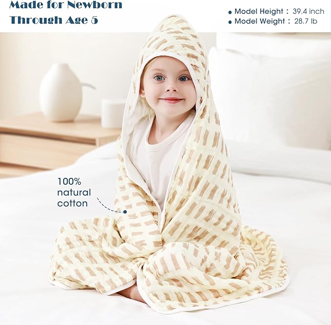 GRSSDER Ultra Soft Absorbent Muslin Cotton Baby Hooded Towel 2 Pack with Original Patterns, Extra Large Size 35"x 35" Swaddle Wrap for Newborn Infant and Toddler