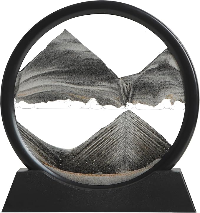 Moving Sand Art Liquid Motion, 3D Deep Sea Sandscape Color Quicksand Decor, Round Glass Moving Sand Art Picture Relaxing Desktop Home Office Work Decor (Black, 7 inch)