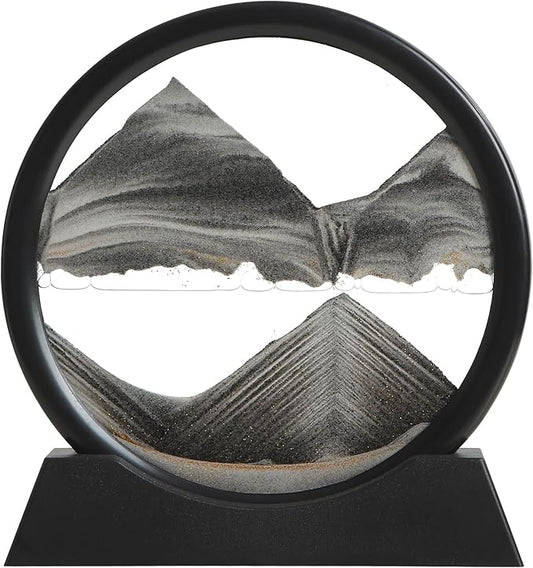 Moving Sand Art Liquid Motion, 3D Deep Sea Sandscape Color Quicksand Decor, Round Glass Moving Sand Art Picture Relaxing Desktop Home Office Work Decor (Black, 7 inch)