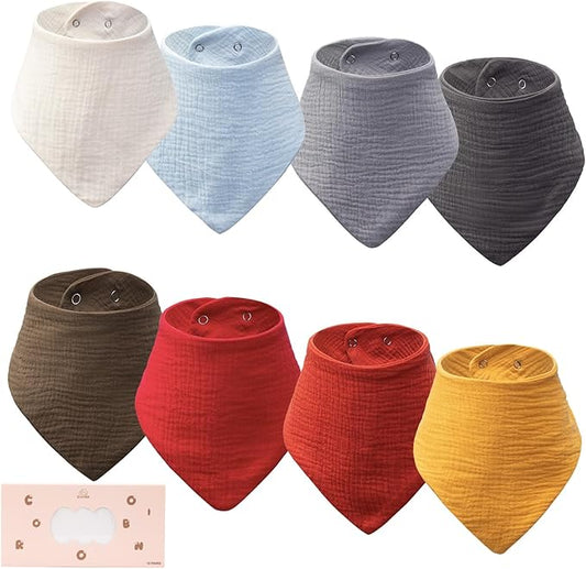 Baby Bibs 8-Pack - Adjustable Cotton Drool Bibs, Waterproof & Absorbent for Newborn to Toddler, Unisex Boys & Girls