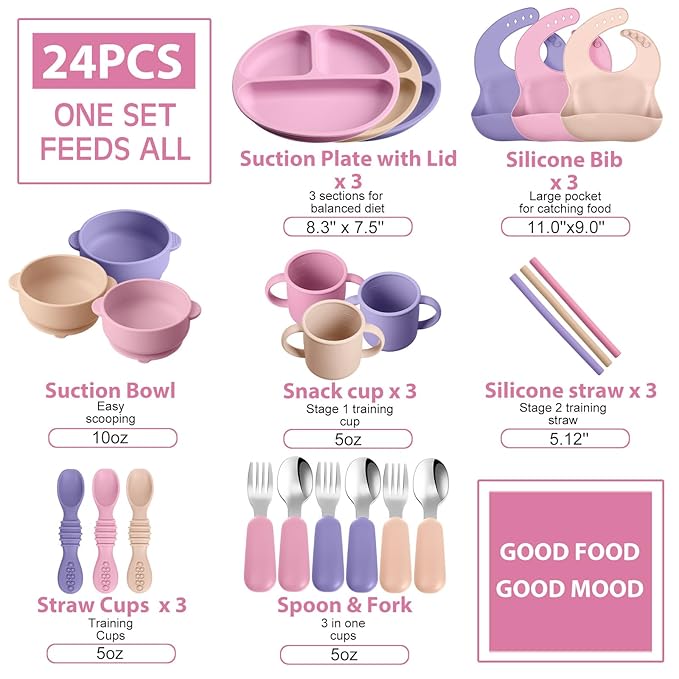 Yinder 24 Pack Silicone Baby Feeding Set Baby LED Weaning Supplies Includes Suction Divided Plates Soft Bowl Spoons Forks Adjustable Bib Snack Cup and Straws (Purple, Pink, Nude)