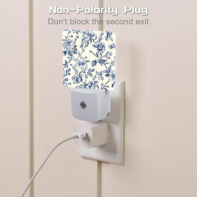 Vintage Blue Flowers Night Light, Abstract Botanical Floral Leaves Dusk to Dawn Night Light Plug in, 0.5w Energy Saving Sleep Friendly NightLight for Kids Boys Girls Home Decor