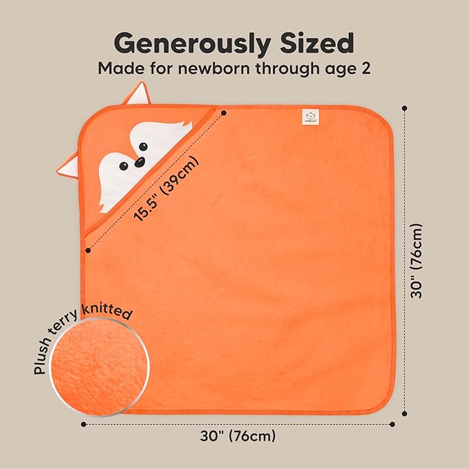 KeaBabies Hooded Baby Towel for Newborn - Viscose Derived from Bamboo Large Baby Bath Towels with Hood for Boys, Girls, Toddler, Extra Absorbent & Soft Newborn Bath Essentials (Fox, Petite)