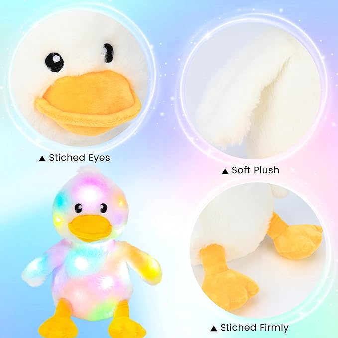 Hopearl Easter LED Plush Duck Light up Stuffed Duckling Farm Animal Floppy Night Lights Glow in The Dark Birthday Gifts for Kids Toddler Girls, White, 12''