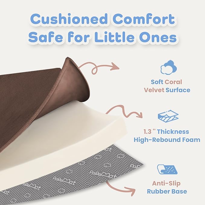 1.3" Thick Baby Floor Play Mat 50x50, Basic Padded Foam Mat for Tummy Time Crawling, Non Slip Cushioned for Babies Toddlers Infants Kids (Brown)