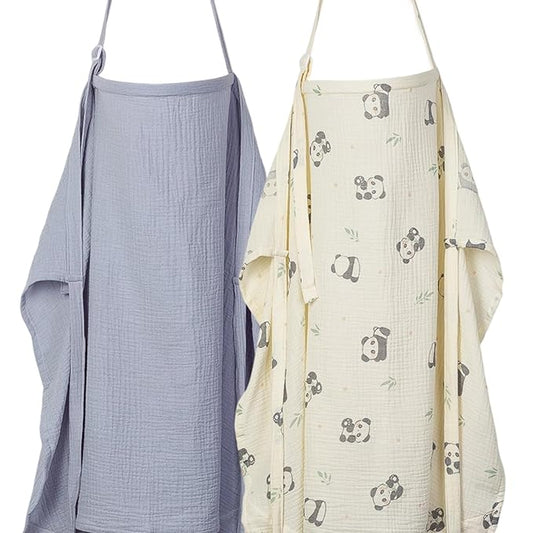 2-Pack Muslin Nursing Covers for Breastfeeding - Breathable Breastfeeding Covers with Arch Neckline, Privacy Nursing Cover for Women and Baby, Gray & Panda