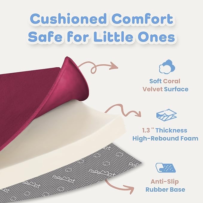 1.3" Thick Baby Floor Play Mat 50x50, Basic Padded Foam Mat for Tummy Time Crawling, Non Slip Cushioned for Babies Toddlers Infants Kids (Burgundy)