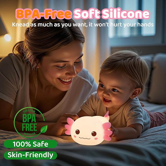 Mewaii Huggwaii Squishy Axolotl Night Light for Kids – Dimmable Silicone Axolotl Lamp, 2025 Upgraded Baby Night Light, Rechargeable, 20H Battery Life, Sleep Aid Gift for Toddlers, Girls&Room Decor
