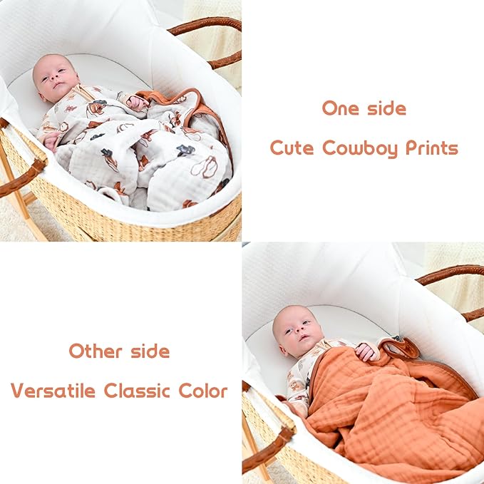 LollyBanks Muslin Baby Blanket 100% Organic Cotton, Muslin Quilt Lightweight, Toddler Blanket for Boys, 6 Layers Baby Blankets 47"x 47", Nursery Receiving Blankets Baby Essentials (Cowboy Print)