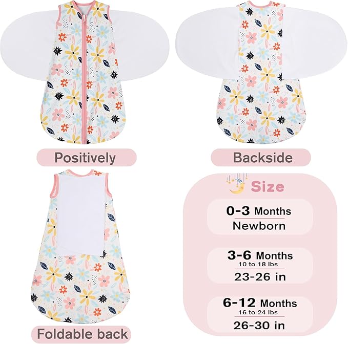 Newborn Sleep Sack Baby Swaddle,3-6 Months,3-Way Adjustable Wearable Blanket,100% Rayon Cotton Swaddling Sleeping Bag，TOG 0.5（Heart&Floral）