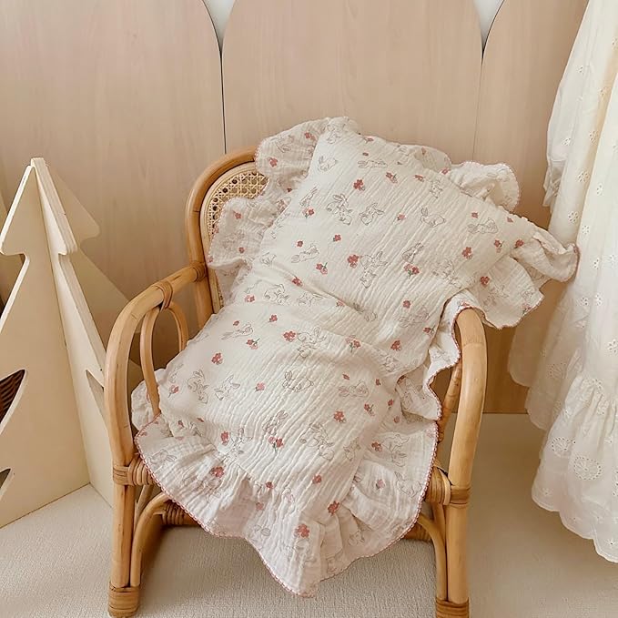 BuLuTu Rabbit Floral Toddler Pillowcase Muslin Cotton Kids Pillow Case Standard Size, 20"x26", Soft Breathable Children Bedding Pillow Cover for Girls Boys,1 Piece, Bunny Pattern