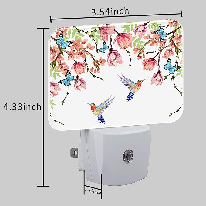 Hummingbird and Blue Butterfly Plug in Night Lights, Wisteria Flowers Nightlight Plug Into Wall Dusk to Dawn Sensor for Kid Girls Boys Women Bedroom,Hallway,Kitchen,Bathroom,Stairs Decor