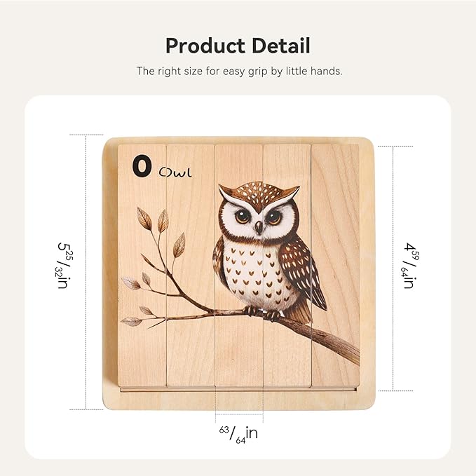 4 in 1 Wooden Animal Chunky Puzzle, 5 Solid Wood Puzzle Blocks with 4 Sides Realistic Forest Animals, Wooden Block Puzzle with Durable Base for Toddlers 3+ Years - Montessori Inspired