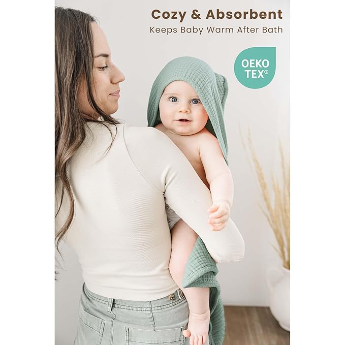 Konssy 2-Pack Muslin Hooded Baby Towels, 100% Cotton, Ultra-Soft & Absorbent Baby Bath Towels with Hood for Newborn & Infant (Green, Leafy,32" x 32")